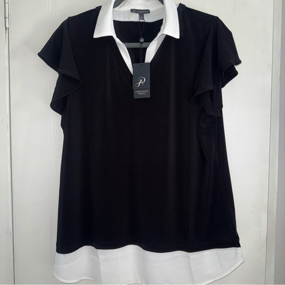 Adrianna Papell Black and White Ruffle Sleeve Blouse